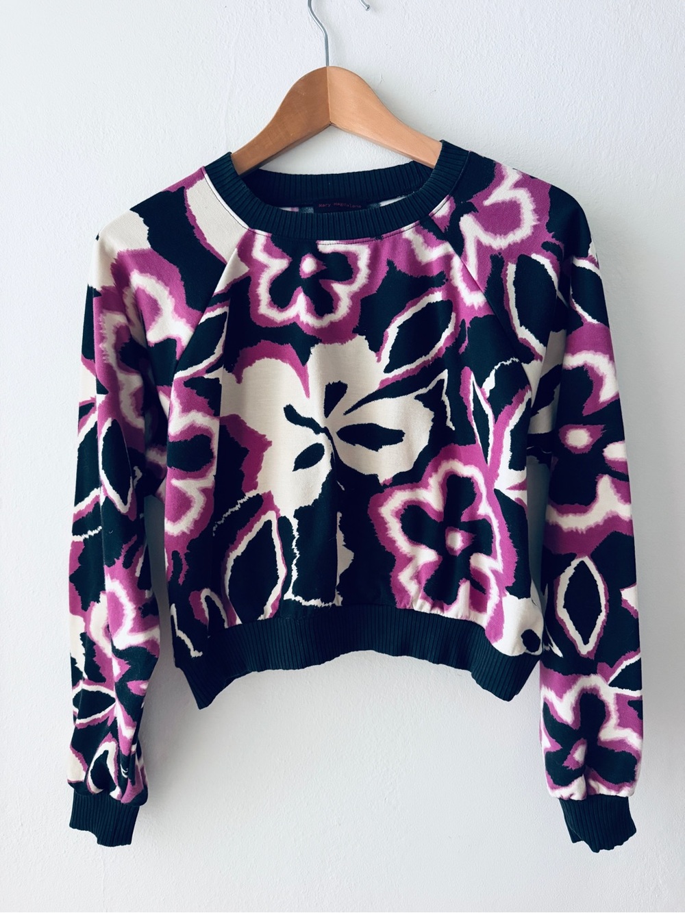 Floral Crewneck Crop Top in Black, Cream & Purple